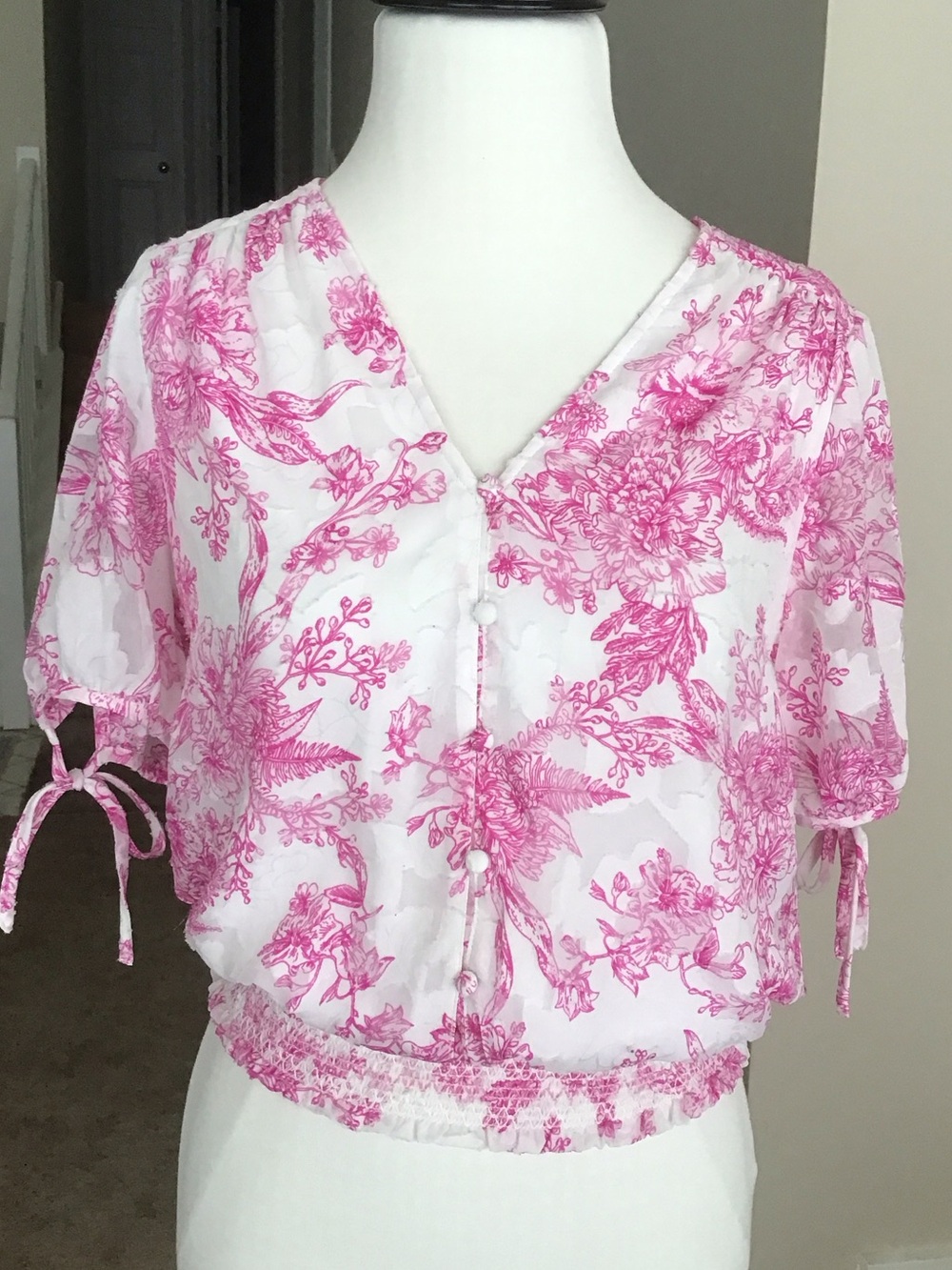 Women's White Blouse with Pink Floral Print and Tie Sleeves